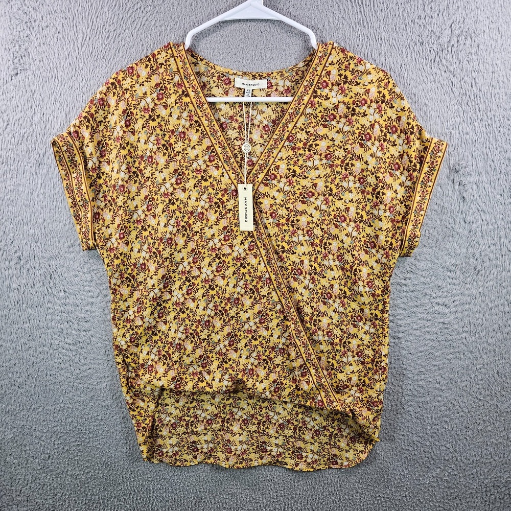 NEW Max Studio Wrap Top Women XS Floral Print Yellow Brown Tone Boho